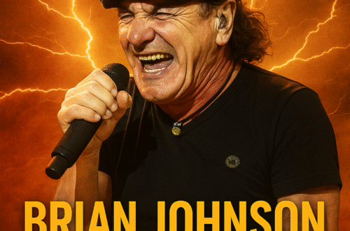 Brian Johnson, zpěvák skupiny AC/DC, s mikrofonem a blesky v pozadí. Oslava jeho 77. narozenin v energické, rockové atmosféře s logem AC/DC. Brian Johnson, singer of AC/DC, with a microphone and flashes in the background. Celebration of his 77th birthday in an energetic rock atmosphere with the AC/DC logo.