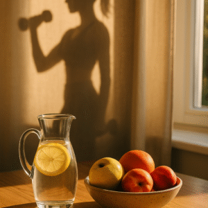Zátiší na dřevěném stolku, karafa s vodou a citronem, miska s ovocem a v pozadí jemný obrys ženy s činkami v rukou. Sluneční světlo dopadá do místnosti a vytváří pocit klidu, zdraví a návratu k sobě./ A still life on a wooden table, a carafe with water and lemon, a bowl of fruit, and in the background, the gentle outline of a woman with dumbbells in her hands. Sunlight streams into the room, creating a feeling of calm, health, and a return to oneself.