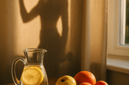 Zátiší na dřevěném stolku, karafa s vodou a citronem, miska s ovocem a v pozadí jemný obrys ženy s činkami v rukou. Sluneční světlo dopadá do místnosti a vytváří pocit klidu, zdraví a návratu k sobě./ A still life on a wooden table, a carafe with water and lemon, a bowl of fruit, and in the background, the gentle outline of a woman with dumbbells in her hands. Sunlight streams into the room, creating a feeling of calm, health, and a return to oneself.