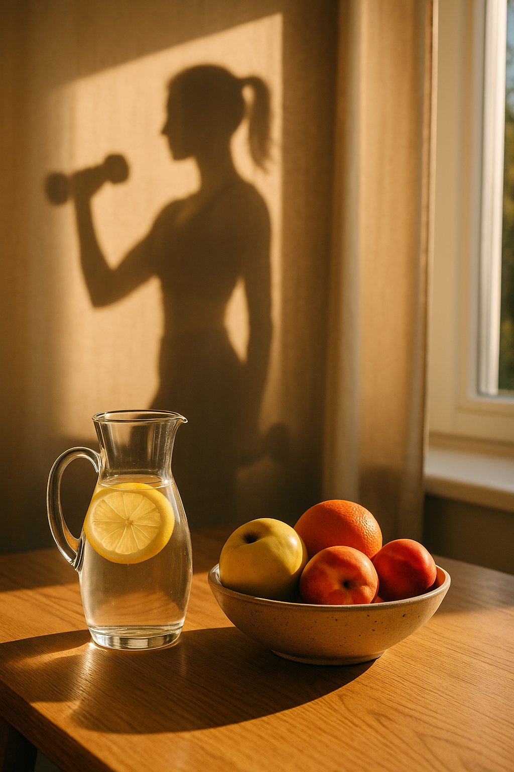 Zátiší na dřevěném stolku, karafa s vodou a citronem, miska s ovocem a v pozadí jemný obrys ženy s činkami v rukou. Sluneční světlo dopadá do místnosti a vytváří pocit klidu, zdraví a návratu k sobě./ A still life on a wooden table, a carafe with water and lemon, a bowl of fruit, and in the background, the gentle outline of a woman with dumbbells in her hands. Sunlight streams into the room, creating a feeling of calm, health, and a return to oneself.