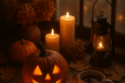 „Podzimní zátiší s dřevěným stolem, vyřezanou dýní, svíčkami, suchými květy a šálkem čaje v teplém světle lucerny – cozy atmosféra Samhainu a Dušiček.“ “Cozy autumn still life with a carved pumpkin, candles, dried flowers, and a cup of tea on a wooden table, softly lit by a lantern — Samhain and All Souls’ Day vibes.” „Herbstliches Stillleben mit geschnitztem Kürbis, Kerzen, Trockenblumen und einer Tasse Tee auf einem Holztisch, sanft beleuchtet von einer Laterne – gemütliche Atmosphäre von Samhain und Allerseelen.“