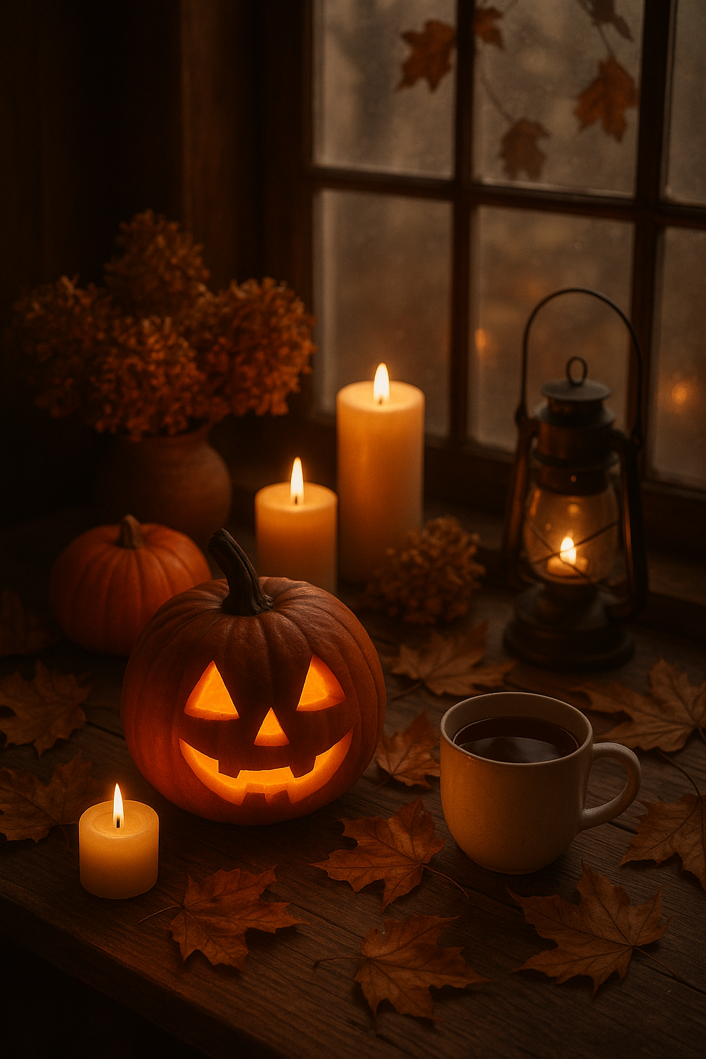 „Podzimní zátiší s dřevěným stolem, vyřezanou dýní, svíčkami, suchými květy a šálkem čaje v teplém světle lucerny – cozy atmosféra Samhainu a Dušiček.“ “Cozy autumn still life with a carved pumpkin, candles, dried flowers, and a cup of tea on a wooden table, softly lit by a lantern — Samhain and All Souls’ Day vibes.” „Herbstliches Stillleben mit geschnitztem Kürbis, Kerzen, Trockenblumen und einer Tasse Tee auf einem Holztisch, sanft beleuchtet von einer Laterne – gemütliche Atmosphäre von Samhain und Allerseelen.“