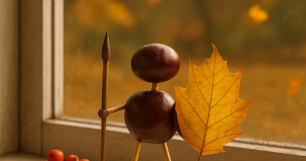 Malá postavička z kaštanů a sirek stojí na podzimním parapetu s listem jako štítem a klacíkem jako kopím. Za oknem padají barevné listy a mezi jeřabinami a žaludy vládne klidná, hřejivá atmosféra. EN: A small chestnut figure made of conkers and matchsticks stands on an autumn windowsill, holding a leaf shield and a twig spear. Outside, colorful leaves fall in the warm, cozy light of autumn. DE: Eine kleine Kastanienfigur aus Rosskastanien und Streichhölzern steht auf einer herbstlichen Fensterbank, hält ein Blatt als Schild und einen Zweig als Speer. Draußen fallen bunte Blätter im warmen, gemütlichen Licht des Herbstes.