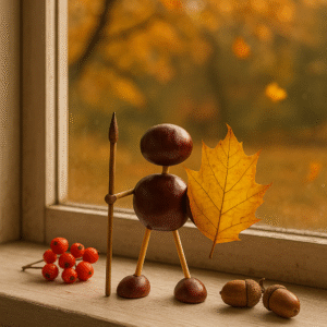Malá postavička z kaštanů a sirek stojí na podzimním parapetu s listem jako štítem a klacíkem jako kopím. Za oknem padají barevné listy a mezi jeřabinami a žaludy vládne klidná, hřejivá atmosféra. EN: A small chestnut figure made of conkers and matchsticks stands on an autumn windowsill, holding a leaf shield and a twig spear. Outside, colorful leaves fall in the warm, cozy light of autumn. DE: Eine kleine Kastanienfigur aus Rosskastanien und Streichhölzern steht auf einer herbstlichen Fensterbank, hält ein Blatt als Schild und einen Zweig als Speer. Draußen fallen bunte Blätter im warmen, gemütlichen Licht des Herbstes.