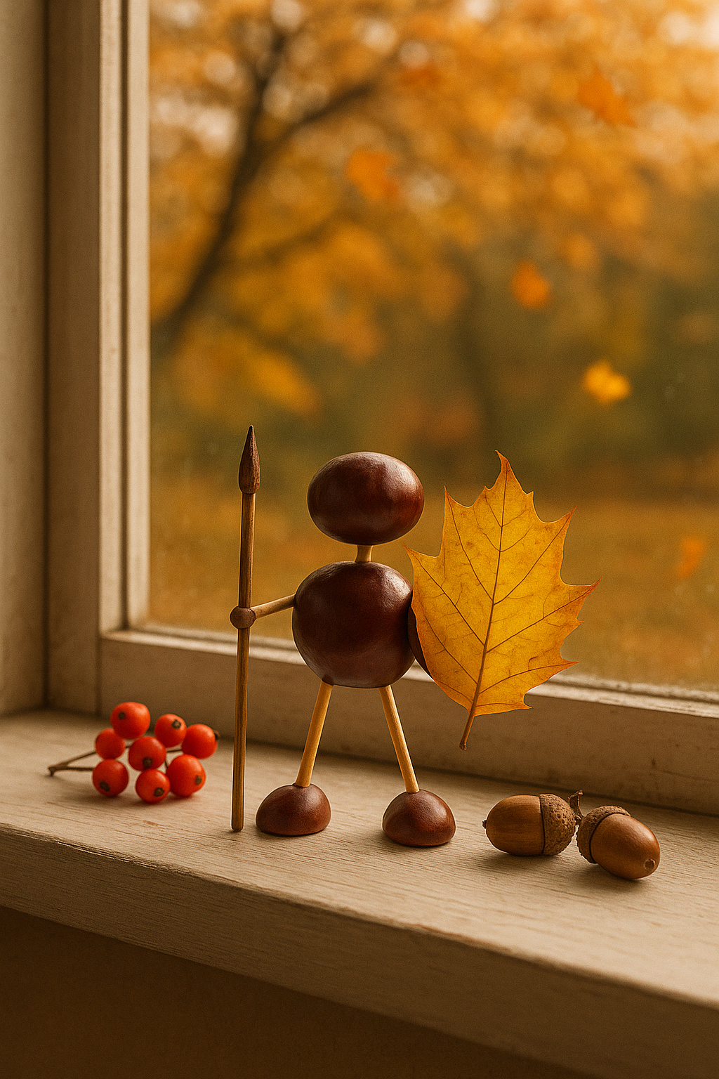 Malá postavička z kaštanů a sirek stojí na podzimním parapetu s listem jako štítem a klacíkem jako kopím. Za oknem padají barevné listy a mezi jeřabinami a žaludy vládne klidná, hřejivá atmosféra. EN: A small chestnut figure made of conkers and matchsticks stands on an autumn windowsill, holding a leaf shield and a twig spear. Outside, colorful leaves fall in the warm, cozy light of autumn. DE: Eine kleine Kastanienfigur aus Rosskastanien und Streichhölzern steht auf einer herbstlichen Fensterbank, hält ein Blatt als Schild und einen Zweig als Speer. Draußen fallen bunte Blätter im warmen, gemütlichen Licht des Herbstes.