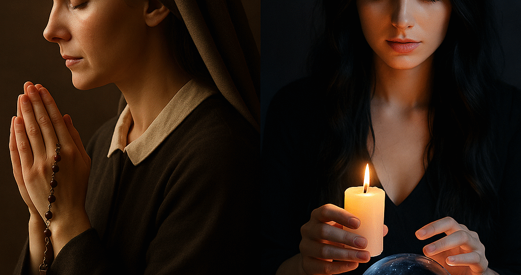 Klečící žena s růžencem v modlitbě vedle ženy s černými vlasy držící svíčku a křišťálovou kouli – symbol spojení víry a magie. A kneeling woman with a rosary praying next to a woman with black hair holding a candle and a crystal ball – a symbol of the connection between faith and magic.