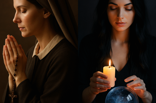 Klečící žena s růžencem v modlitbě vedle ženy s černými vlasy držící svíčku a křišťálovou kouli – symbol spojení víry a magie. A kneeling woman with a rosary praying next to a woman with black hair holding a candle and a crystal ball – a symbol of the connection between faith and magic.