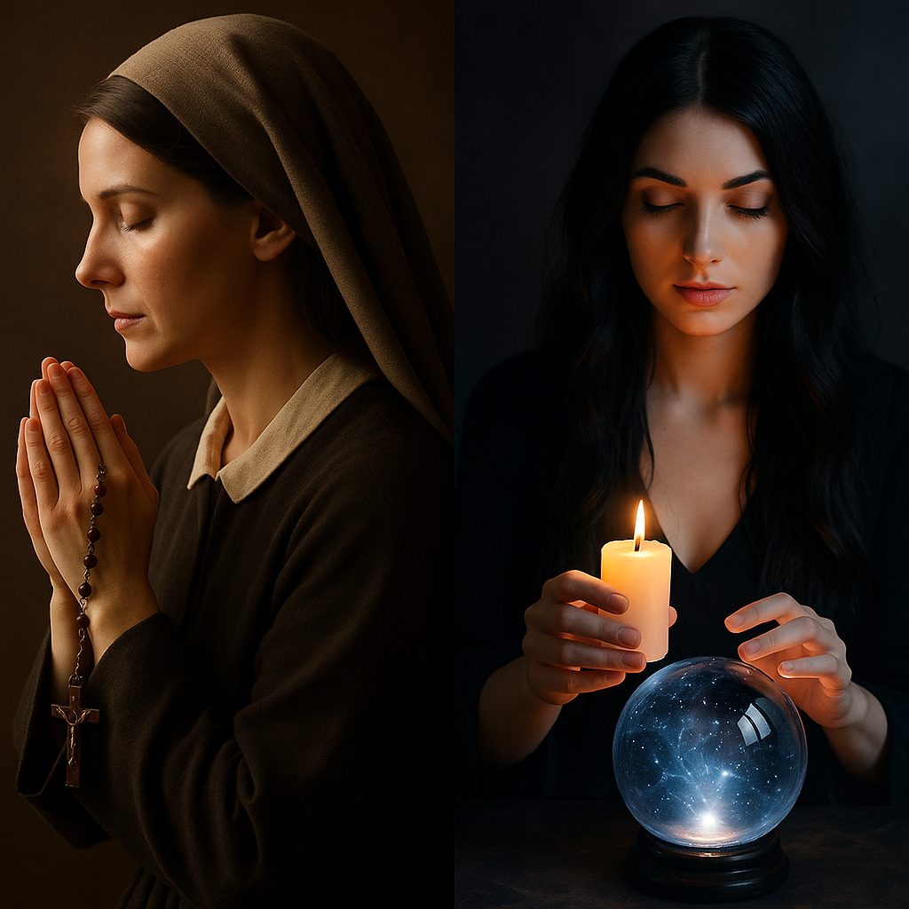 Klečící žena s růžencem v modlitbě vedle ženy s černými vlasy držící svíčku a křišťálovou kouli – symbol spojení víry a magie. A kneeling woman with a rosary praying next to a woman with black hair holding a candle and a crystal ball – a symbol of the connection between faith and magic.