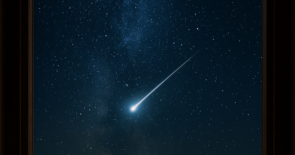 CZ: Noční obloha plná hvězd s jasně zářící padající hvězdou, která protíná ticho vesmíru. Magický okamžik, kdy si člověk přeje své tajné přání a noční svět se na chvíli zastaví. EN: A starry night sky with a bright shooting star streaking across the darkness — a magical moment to make a wish under the quiet beauty of the cosmos. DE: Ein sternenklarer Nachthimmel mit einer hell leuchtenden Sternschnuppe, die die Dunkelheit durchquert – ein magischer Moment, um sich etwas zu wünschen.