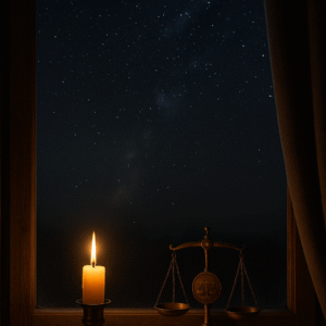 CZ: Hořící svíčka na dřevěném parapetu vedle kovových vah, za oknem temná noční obloha posetá hvězdami. Tichá, klidná scéna evokující energii novoluní, rovnováhu a vnitřní mír. EN: A lit candle on a wooden windowsill beside brass balance scales, under a dark starry night sky. A peaceful, cozy scene symbolizing new moon energy and inner balance. DE: Eine brennende Kerze auf einer hölzernen Fensterbank neben Messingwaagen, vor einem dunklen Sternenhimmel. Eine ruhige, stimmungsvolle Szene, die die Energie des Neumonds und innere Balance ausdrückt.