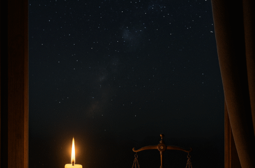 CZ: Hořící svíčka na dřevěném parapetu vedle kovových vah, za oknem temná noční obloha posetá hvězdami. Tichá, klidná scéna evokující energii novoluní, rovnováhu a vnitřní mír. EN: A lit candle on a wooden windowsill beside brass balance scales, under a dark starry night sky. A peaceful, cozy scene symbolizing new moon energy and inner balance. DE: Eine brennende Kerze auf einer hölzernen Fensterbank neben Messingwaagen, vor einem dunklen Sternenhimmel. Eine ruhige, stimmungsvolle Szene, die die Energie des Neumonds und innere Balance ausdrückt.