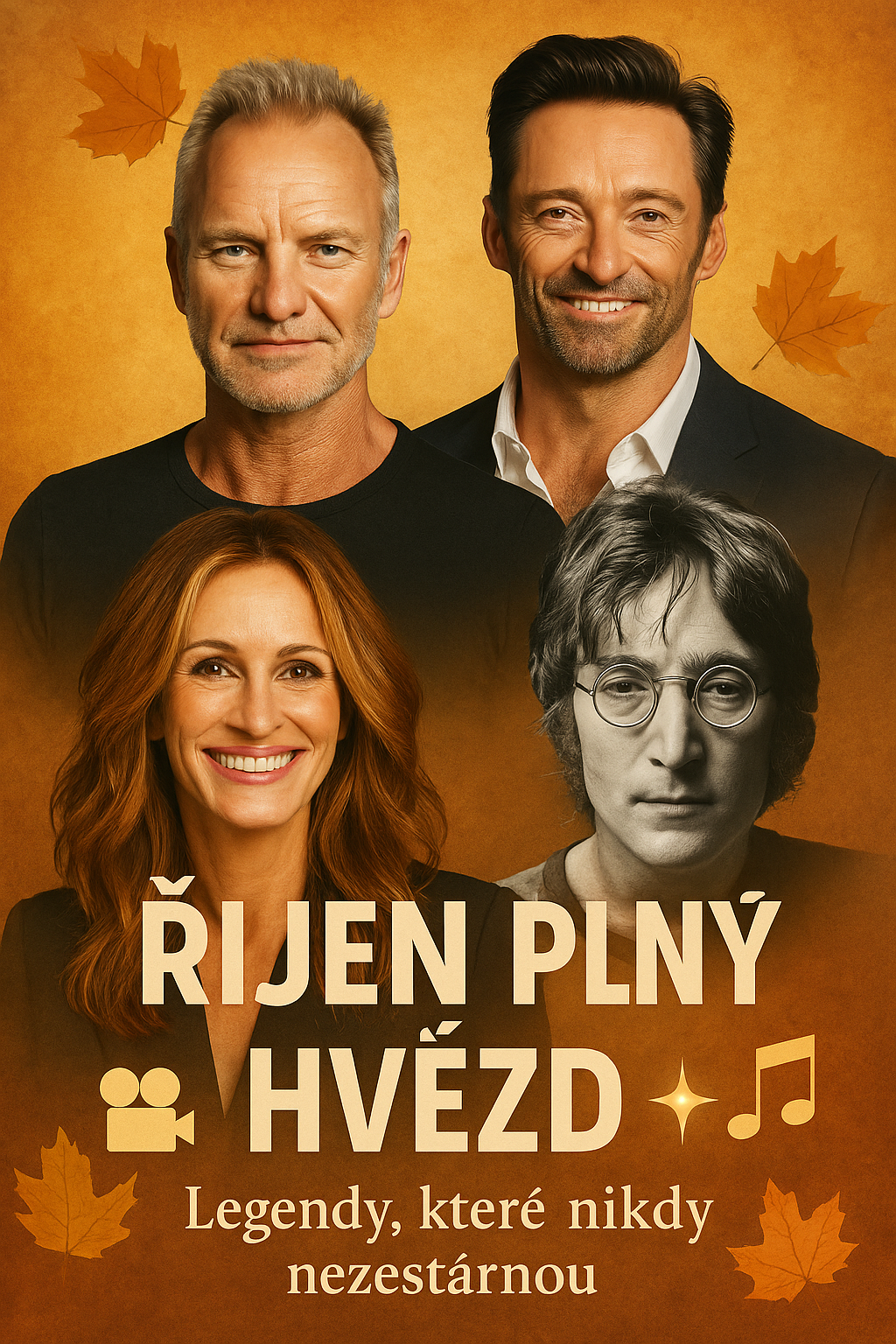 Koláž slavných osobností narozených v říjnu – Sting, John Lennon, Hugh Jackman a Julia Roberts – v teplých podzimních barvách s motivy hudby a filmu. A collage of famous people born in October—Sting, John Lennon, Hugh Jackman, and Julia Roberts—in warm autumn colors with music and film motifs.