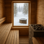 Interiér finské sauny s dřevěnými lavicemi a žhavými kameny. Okny je vidět zasněžená krajina a venku dřevěný sud s vodou. Teplé světlo a klidná atmosféra podporující relaxaci a regeneraci. /Interior of a Finnish sauna with wooden benches and hot stones. Through the window, a snowy landscape and a wooden outdoor tub are visible. Warm light creates a calm and relaxing atmosphere.