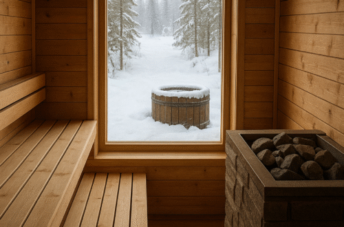 Interiér finské sauny s dřevěnými lavicemi a žhavými kameny. Okny je vidět zasněžená krajina a venku dřevěný sud s vodou. Teplé světlo a klidná atmosféra podporující relaxaci a regeneraci. /Interior of a Finnish sauna with wooden benches and hot stones. Through the window, a snowy landscape and a wooden outdoor tub are visible. Warm light creates a calm and relaxing atmosphere.
