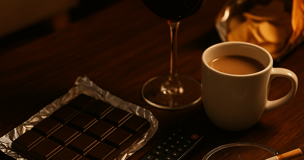 Domácí večerní scéna – na stole leží čokoláda, sklenka vína, hrnek s kávou, popelník se zapálenou cigaretou, ovladač od televize a brambůrky. Symbol malých každodenních zlozvyků. / A cozy evening scene – a table with chocolate, a glass of wine, a coffee mug, an ashtray with a lit cigarette, a TV remote and chips. A symbol of everyday little habits./ Eine gemütliche Abendszene – auf dem Tisch stehen Schokolade, ein Glas Wein, eine Kaffeetasse, ein Aschenbecher mit einer brennenden Zigarette, eine Fernbedienung und Chips. Ein Symbol für kleine Alltagsgewohnheiten.