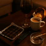 Domácí večerní scéna – na stole leží čokoláda, sklenka vína, hrnek s kávou, popelník se zapálenou cigaretou, ovladač od televize a brambůrky. Symbol malých každodenních zlozvyků. / A cozy evening scene – a table with chocolate, a glass of wine, a coffee mug, an ashtray with a lit cigarette, a TV remote and chips. A symbol of everyday little habits./ Eine gemütliche Abendszene – auf dem Tisch stehen Schokolade, ein Glas Wein, eine Kaffeetasse, ein Aschenbecher mit einer brennenden Zigarette, eine Fernbedienung und Chips. Ein Symbol für kleine Alltagsgewohnheiten.