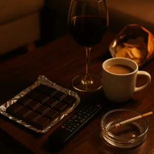 Domácí večerní scéna – na stole leží čokoláda, sklenka vína, hrnek s kávou, popelník se zapálenou cigaretou, ovladač od televize a brambůrky. Symbol malých každodenních zlozvyků. / A cozy evening scene – a table with chocolate, a glass of wine, a coffee mug, an ashtray with a lit cigarette, a TV remote and chips. A symbol of everyday little habits./ Eine gemütliche Abendszene – auf dem Tisch stehen Schokolade, ein Glas Wein, eine Kaffeetasse, ein Aschenbecher mit einer brennenden Zigarette, eine Fernbedienung und Chips. Ein Symbol für kleine Alltagsgewohnheiten.