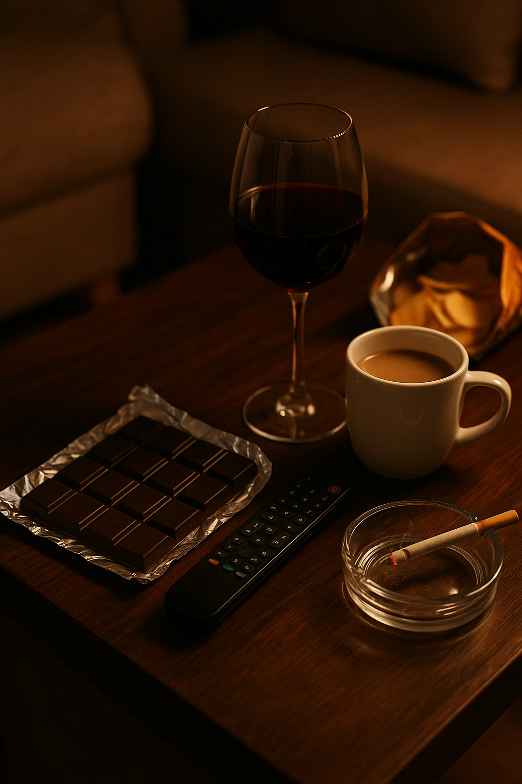 Domácí večerní scéna – na stole leží čokoláda, sklenka vína, hrnek s kávou, popelník se zapálenou cigaretou, ovladač od televize a brambůrky. Symbol malých každodenních zlozvyků. / A cozy evening scene – a table with chocolate, a glass of wine, a coffee mug, an ashtray with a lit cigarette, a TV remote and chips. A symbol of everyday little habits./ Eine gemütliche Abendszene – auf dem Tisch stehen Schokolade, ein Glas Wein, eine Kaffeetasse, ein Aschenbecher mit einer brennenden Zigarette, eine Fernbedienung und Chips. Ein Symbol für kleine Alltagsgewohnheiten.