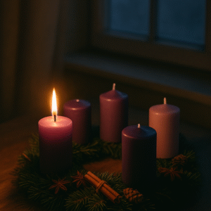 Adventní věnec se čtyřmi svíčkami – třemi fialovými a jednou růžovou. Hoří první fialová svíčka, její teplé světlo osvětluje větvičky jehličí, šišky a skořici. V pozadí okno s večerní oblohou a první hvězdou, symbol klidné adventní naděje.