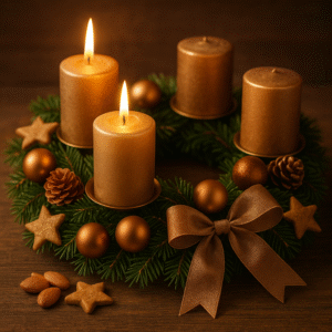 Detail druhé zapálené svíčky na adventním věnci s vánoční výzdobou a teplým světlem.“