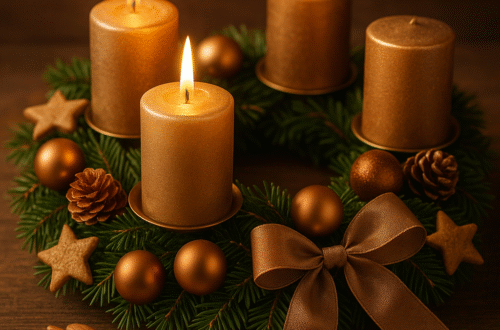 Detail druhé zapálené svíčky na adventním věnci s vánoční výzdobou a teplým světlem.“