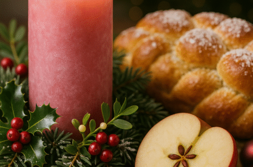 Fotorealistický detail růžové zapálené adventní svíčky obklopené vánoční výzdobou, rozkrojeným jablkem s viditelnou hvězdou v jádřinci, vánočkou, cesmínou a jmelím.