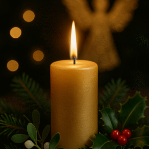 Fotorealistická zlatá zapálená svíce obklopená jehličím, jmelím a cesmínou, s jemným zlatým pozadím a naznačenými andělskými křídly v záři světla.