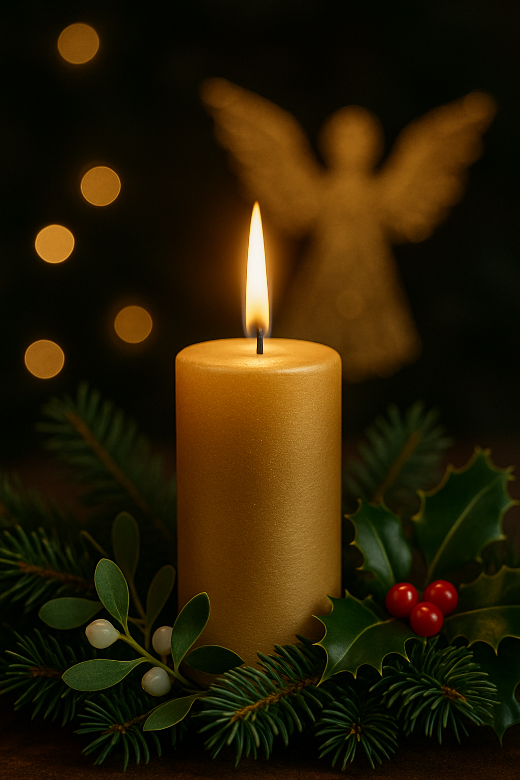 Fotorealistická zlatá zapálená svíce obklopená jehličím, jmelím a cesmínou, s jemným zlatým pozadím a naznačenými andělskými křídly v záři světla.