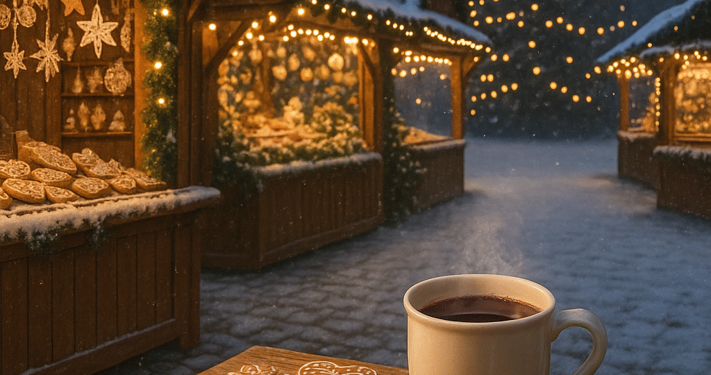 Zimní večer na vánočním trhu – dřevěné stánky ozdobené světýlky, perníčky a hrnky se svařákem, svazky jmelí a v pozadí rozsvícený vánoční strom. Jemný sněhový poprašek dodává scéně klidnou sváteční atmosféru.