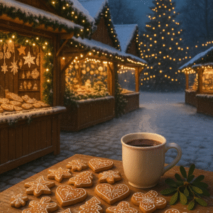 Zimní večer na vánočním trhu – dřevěné stánky ozdobené světýlky, perníčky a hrnky se svařákem, svazky jmelí a v pozadí rozsvícený vánoční strom. Jemný sněhový poprašek dodává scéně klidnou sváteční atmosféru.