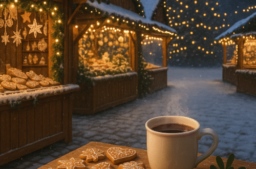 Zimní večer na vánočním trhu – dřevěné stánky ozdobené světýlky, perníčky a hrnky se svařákem, svazky jmelí a v pozadí rozsvícený vánoční strom. Jemný sněhový poprašek dodává scéně klidnou sváteční atmosféru.