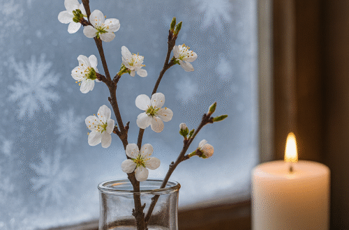 Tři třešňové větvičky ve skleněné váze na dřevěním parapetu, v pozadí svíčka a zamlžené okno s jinovatkou. Popisek (web):