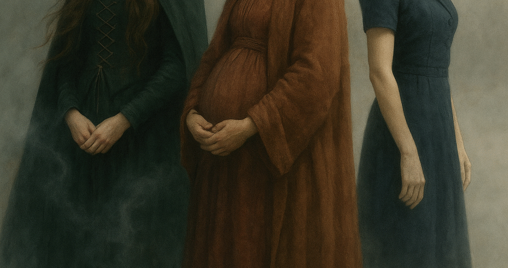 Tři ženy z různých epoch stojí v mlze – vlevo krásná čarodějnice ve středověkých šatech s pláštěm, uprostřed těhotná žena v hnědých šatech ze 17. století a vpravo elegantní aristokratka ze 40. let 20. století v modrých šatech a klobouku. Každá hledí jiným směrem, symbolizují sílu a odvahu žen napříč staletími.