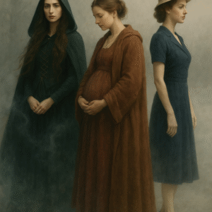 Tři ženy z různých epoch stojí v mlze – vlevo krásná čarodějnice ve středověkých šatech s pláštěm, uprostřed těhotná žena v hnědých šatech ze 17. století a vpravo elegantní aristokratka ze 40. let 20. století v modrých šatech a klobouku. Každá hledí jiným směrem, symbolizují sílu a odvahu žen napříč staletími.