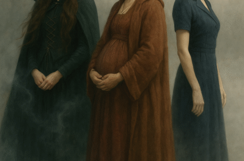 Tři ženy z různých epoch stojí v mlze – vlevo krásná čarodějnice ve středověkých šatech s pláštěm, uprostřed těhotná žena v hnědých šatech ze 17. století a vpravo elegantní aristokratka ze 40. let 20. století v modrých šatech a klobouku. Každá hledí jiným směrem, symbolizují sílu a odvahu žen napříč staletími.