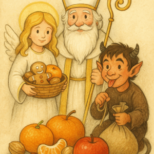 „Kreslený Mikuláš s andělem a čertem obklopený ovocem, perníčky a horkou čokoládou.“