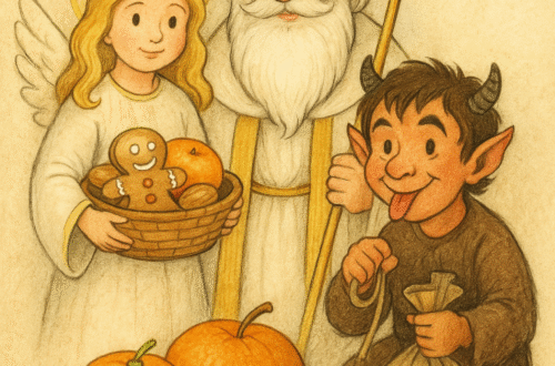 „Kreslený Mikuláš s andělem a čertem obklopený ovocem, perníčky a horkou čokoládou.“