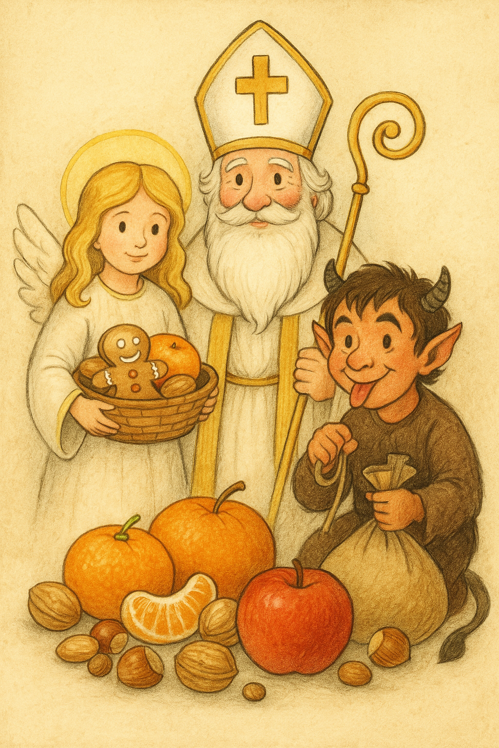 „Kreslený Mikuláš s andělem a čertem obklopený ovocem, perníčky a horkou čokoládou.“