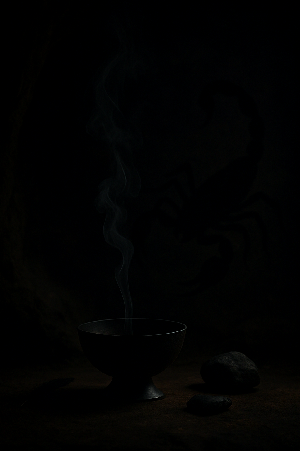 „Tmavá jeskyně s černým kalichem, ze kterého stoupá tenký kouř. Ve stínu se rýsuje silueta štíra.“