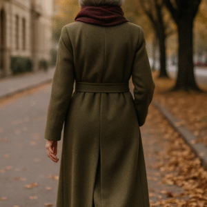 Elegantní žena 50+ v khaki kabátu a bordo šále kráčí podzimní alejí.