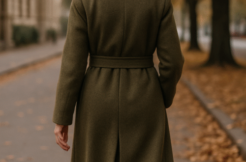 Elegantní žena 50+ v khaki kabátu a bordo šále kráčí podzimní alejí.