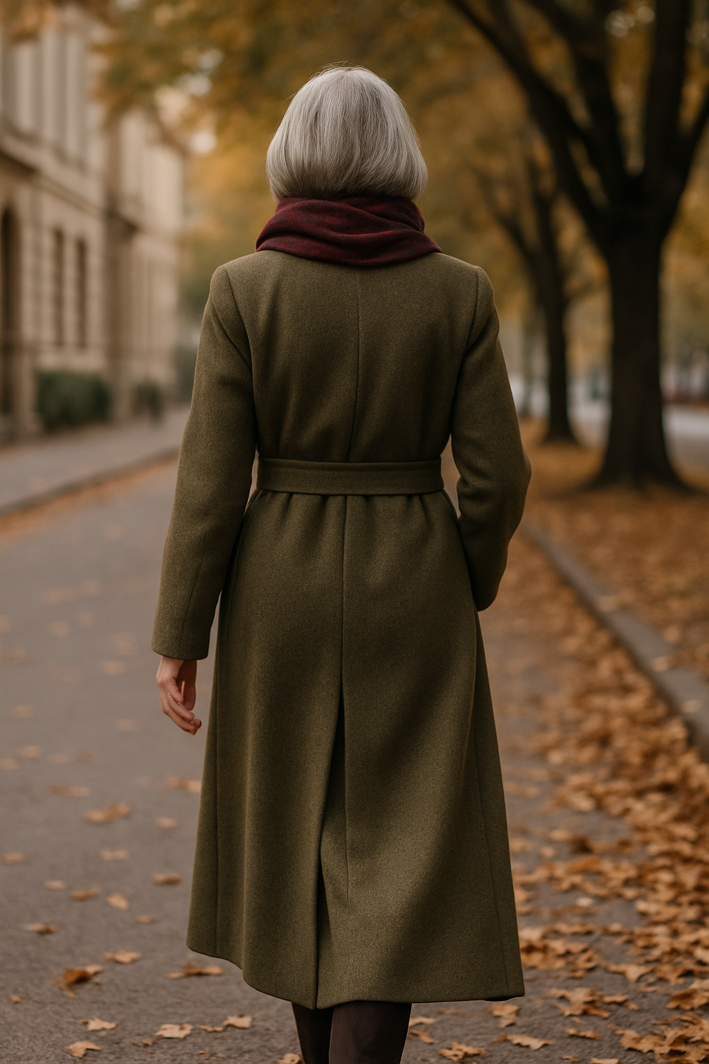 Elegantní žena 50+ v khaki kabátu a bordo šále kráčí podzimní alejí.