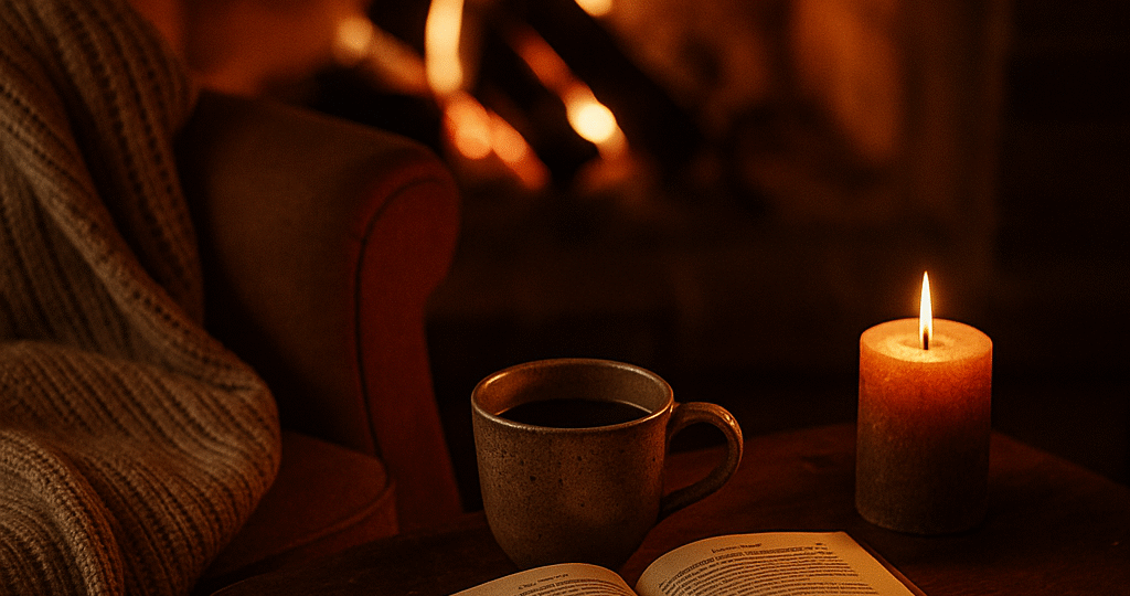 Teplý podzimní interiér s hořícím krbem. Na stole leží otevřená kniha, hrnek s čajem a zapálená svíčka. Atmosféra klidu a domácí pohody.