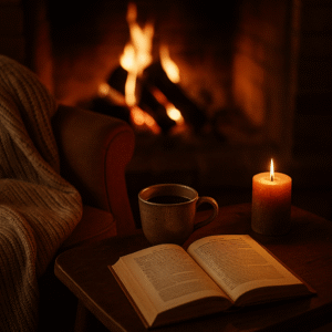 Teplý podzimní interiér s hořícím krbem. Na stole leží otevřená kniha, hrnek s čajem a zapálená svíčka. Atmosféra klidu a domácí pohody.