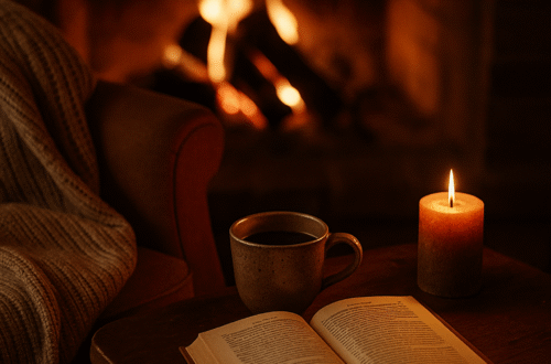 Teplý podzimní interiér s hořícím krbem. Na stole leží otevřená kniha, hrnek s čajem a zapálená svíčka. Atmosféra klidu a domácí pohody.
