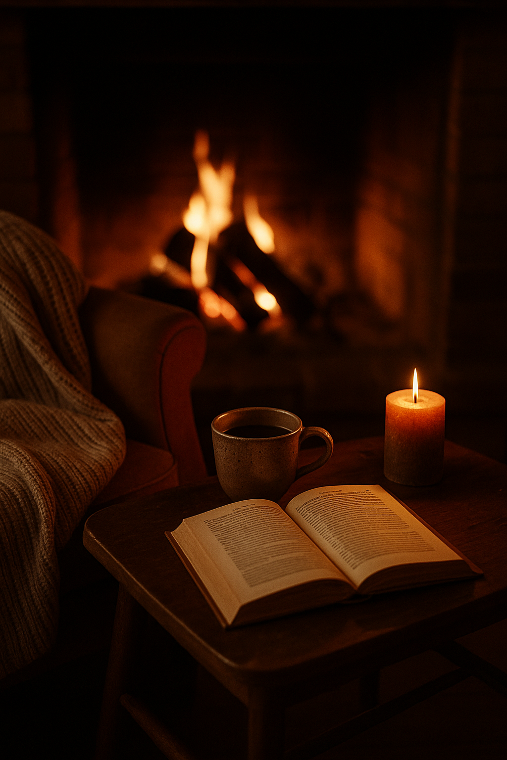 Teplý podzimní interiér s hořícím krbem. Na stole leží otevřená kniha, hrnek s čajem a zapálená svíčka. Atmosféra klidu a domácí pohody.