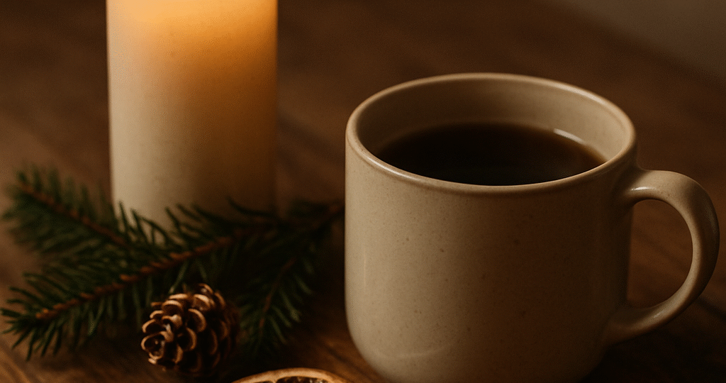 Teplý hrnek čaje a zapálená svíčka na dřevěném stole, doplněné o šišku a větvičku jehličí. Přírodní zimní atmosféra v klidných, hřejivých barvách.