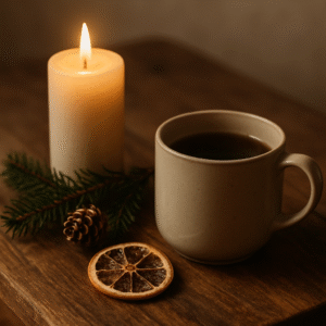 Teplý hrnek čaje a zapálená svíčka na dřevěném stole, doplněné o šišku a větvičku jehličí. Přírodní zimní atmosféra v klidných, hřejivých barvách.