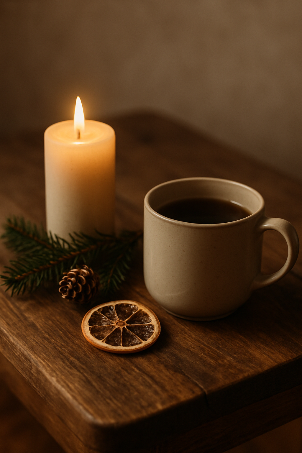 Teplý hrnek čaje a zapálená svíčka na dřevěném stole, doplněné o šišku a větvičku jehličí. Přírodní zimní atmosféra v klidných, hřejivých barvách.