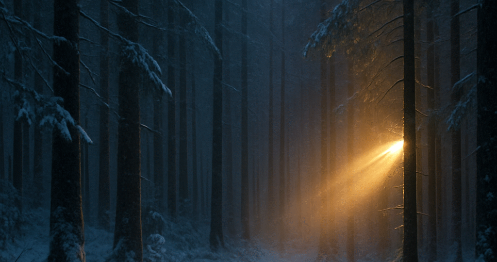 Fotorealistický zimní les v chladných modrých odstínech, do kterého mezi stromy proniká jemný zlatý paprsek světla při zimním slunovratu.